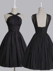 Vintage A Line Straps Knee Length Chiffon Sash Backless Black Party Homecoming Dresses