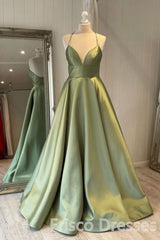 Green Simple A Line Satin Spaghetti Straps Long Prom Dresses