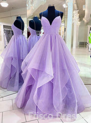 Purple V Neck Sleeveless A Line Tulle Sequin Prom Dresses