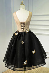 A Line Black V Neck Lace Up Homecoming Dresses, Sleeveless Prom Dress With Butterfly