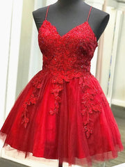 A Line V Neck Short Backless Red Lace Prom Dresses, Short Red Backless Lace Formal Homecoming Dresses