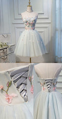 Short Grey Homecoming Prom Dresses With Flower Lace Up Mini Fancy Homecoming Dresses, C0102