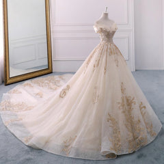 Off The Shoulder Ball Gown Sweetheart Wedding Dress, Long Appliques Bridal Dress