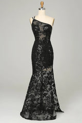 Sheath One Shoulder Backless Black Lace Long Prom Dress