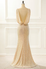 Champagne Sequins Long Prom Dress With Slit