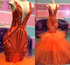 Black Girl Prom Dress, Orange Mermaid Lace Appliques Prom Dresses, Tulle Ruffles Sexy V Neck Cheap Evening Gowns