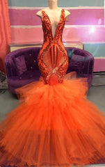 Black Girl Prom Dress, Orange Mermaid Lace Appliques Prom Dresses, Tulle Ruffles Sexy V Neck Cheap Evening Gowns