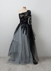 Black Ball Gown Wedding Dresses, Tulle One Shoulder