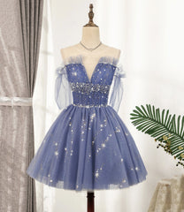 Blue Tulle Sequins Short A Line Homecoming Dress, Party Dress