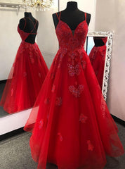 Red Long Prom Dress With Appliques And Beading Evening Dress, Pageant Dance Dresses, Graduation School Party Gown
