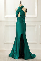 Halter Dark Green Satin Mermaid Prom Dress With Slit