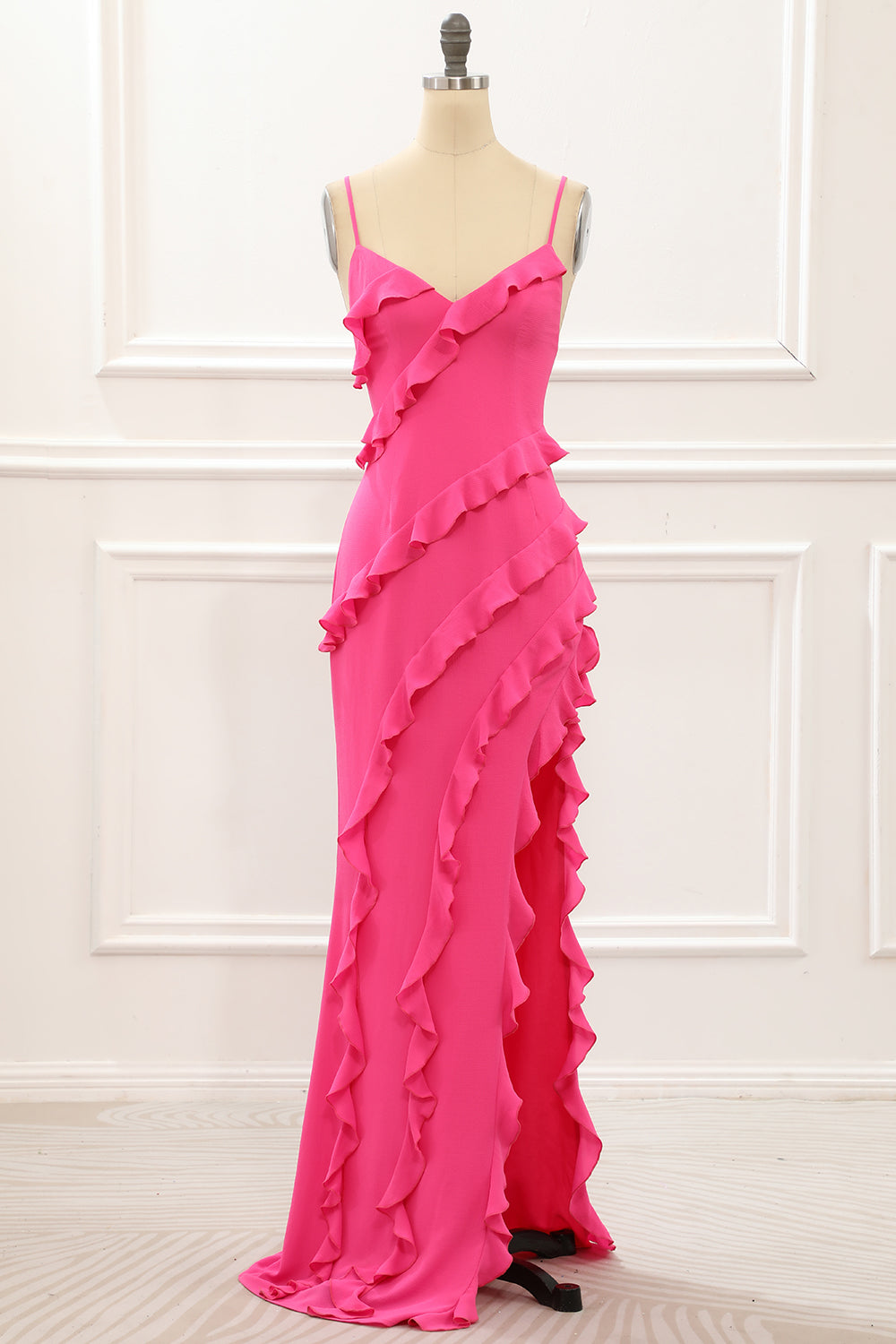 Hot Pink Satin Ruffles Prom Dress With Slit