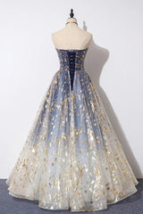 Charming Blue Floral Print Tulle Strapless Long A Line Prom Dresses, Dance Dresses