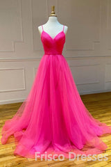 Evening Dresses Dance Dresses Hot Pink A Line Tulle Prom Dresses Long Formal Dresses
