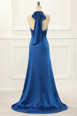 Royal Blue Halter Simple Prom Dress With Slit