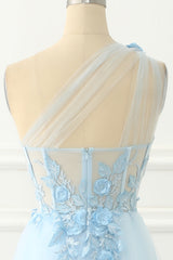 Sky Blue Tulle A Line One Shoulder Prom Dress With Appliques